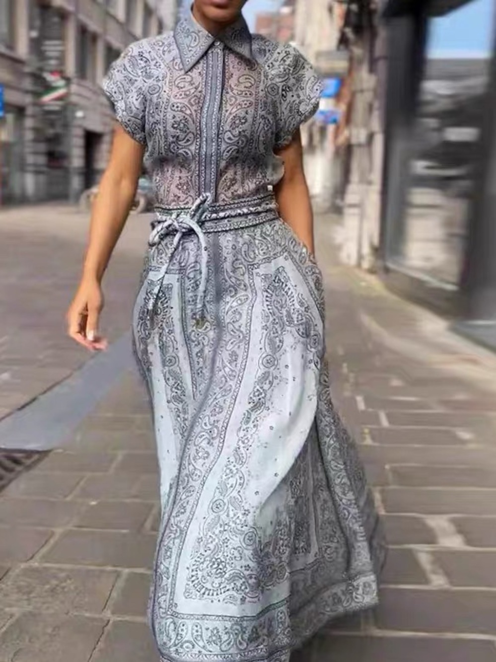 Designer-style Blue Paisley Print Shirt Skirt Set with Belt - New